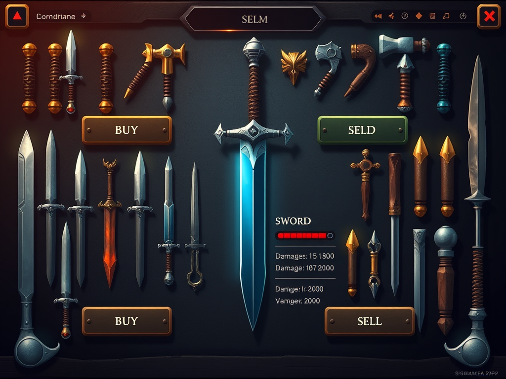 This is the picture of an RPG game named Rise of Hero for Android can have a user interface for an inventory system that can store different weapons, armors, potions, and quest item