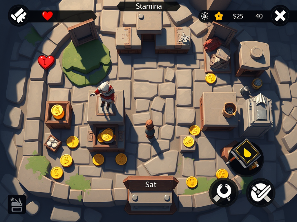 a picture of 2-D top down of the RPG game Rise of Hero on android platform. There is also the user interface icon that can be interacted like attack and movement. Other is the sprite of health, mana, gold, and score