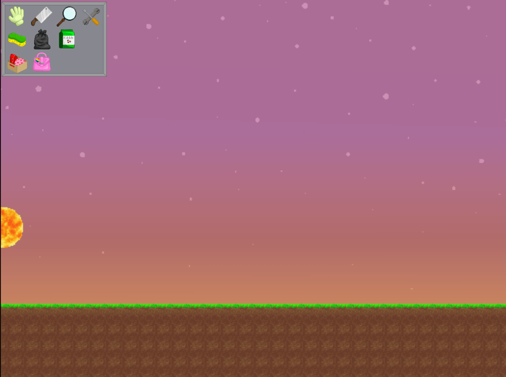 Gameplay screen of a side-scrolling pixel-art game showing a dawn or dusk sky, grass and soil landscape, with an 8-slot inventory grid containing various tools and collectible items in the upper-left corner