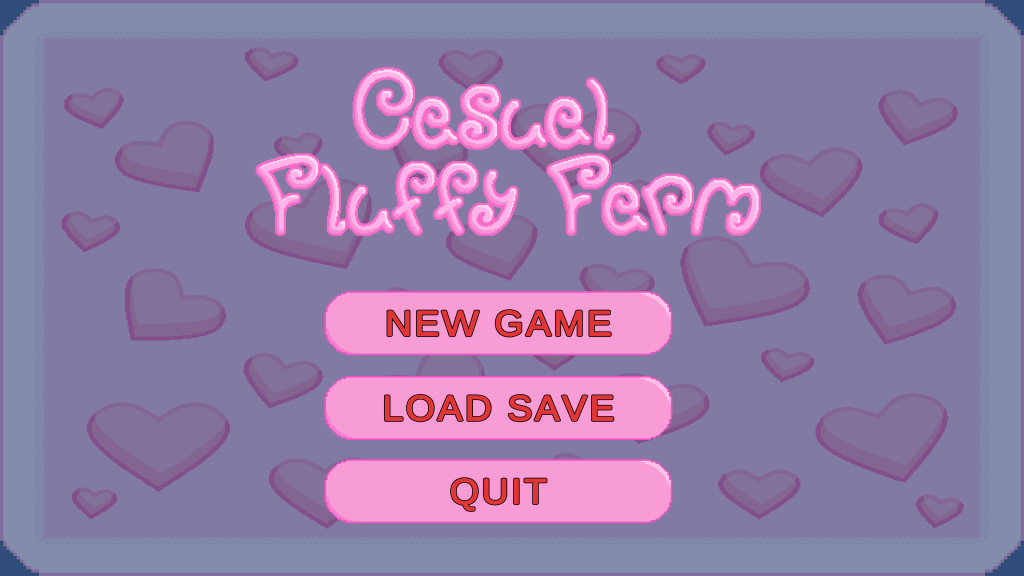 Casual Fluffy Farm game menu with options New Game, Load Save, Quit on a purple background with heart shapes