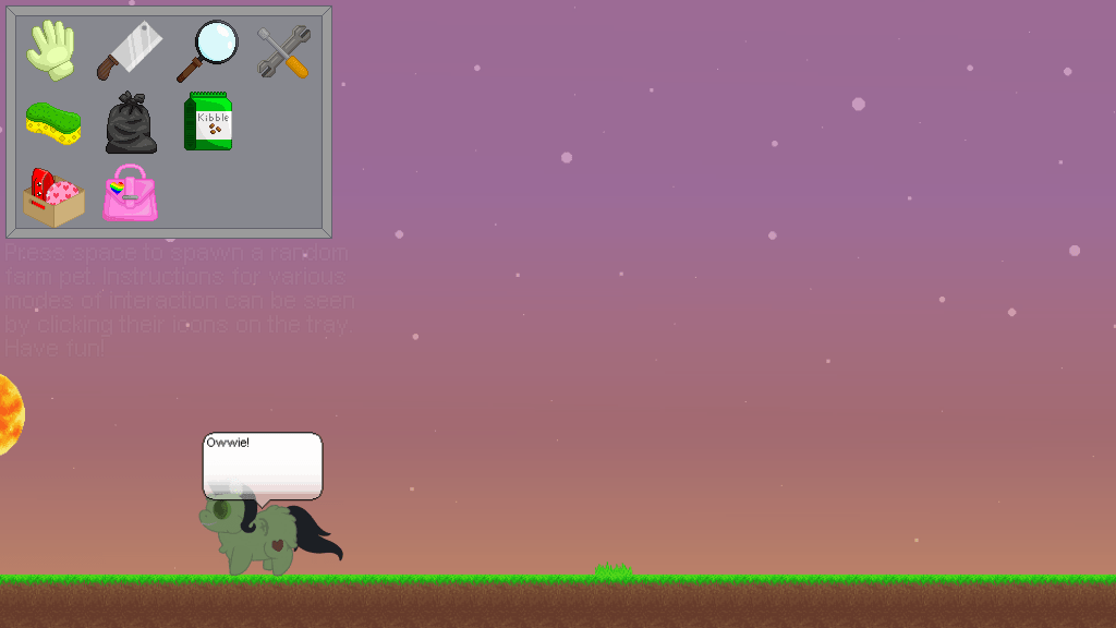 The Classic Farm Pet game play contains tray menu that doing task like dragging, dismember, finding farm pet, building tiles, cleaning screen, removing farm pet from game, selling farm pet, and feeding them.