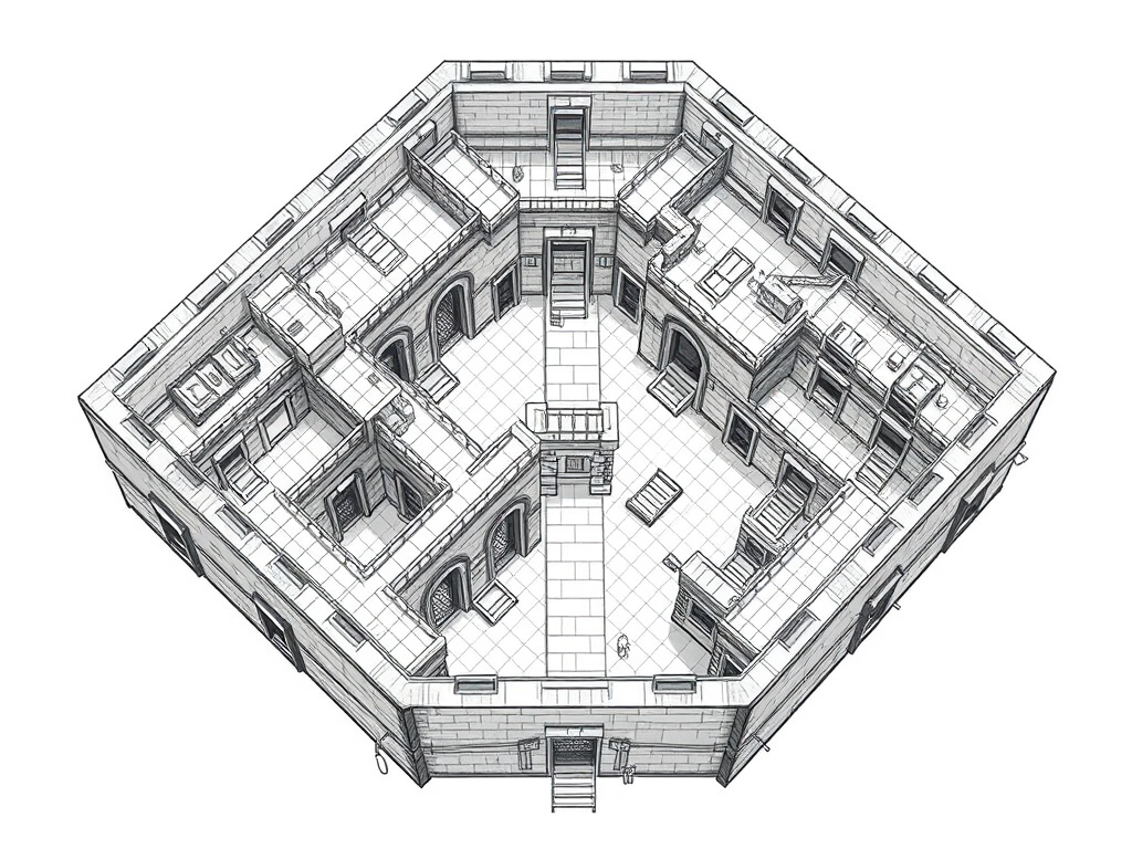 A concept-level design of Alderwood prison level 1 that locates Mabel, Thomas, and the guards