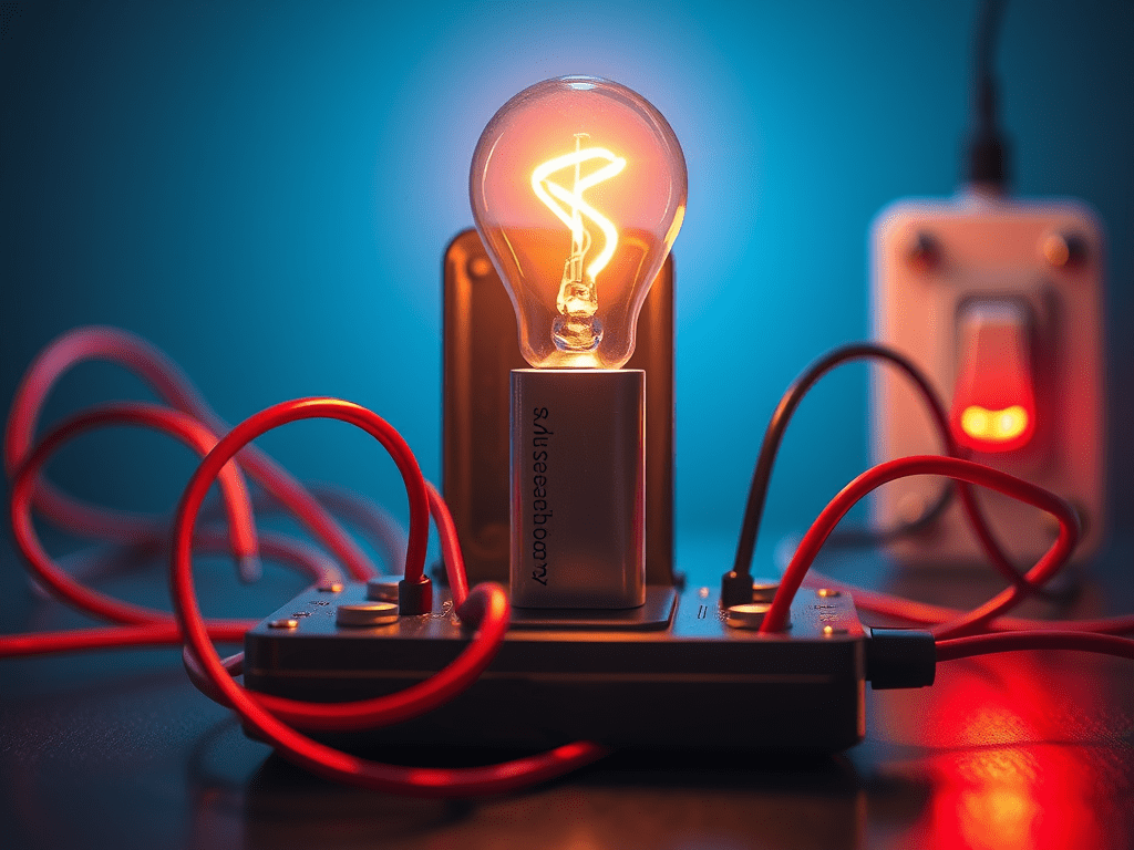a image of page electronic circuit that show the flow of electron from battery to light bulb