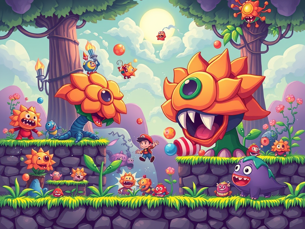 main page sprite for monster party contain gameplay system where there is level, monster, item, and boss