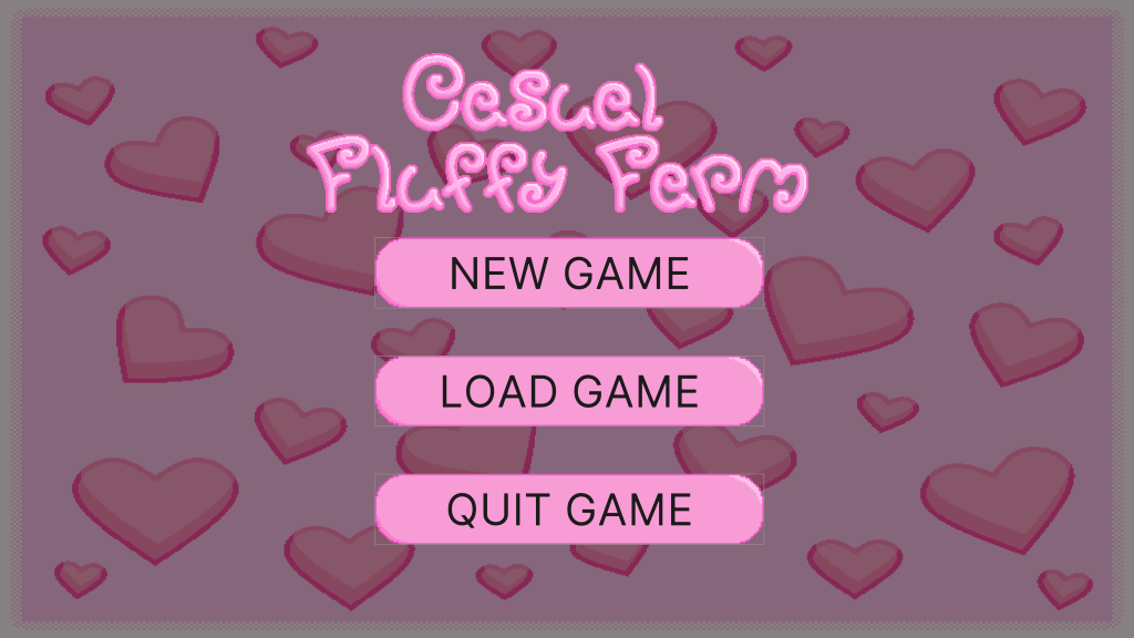 The new casual Fluffy Farm main menu offers several options to start, load, or quit the game.