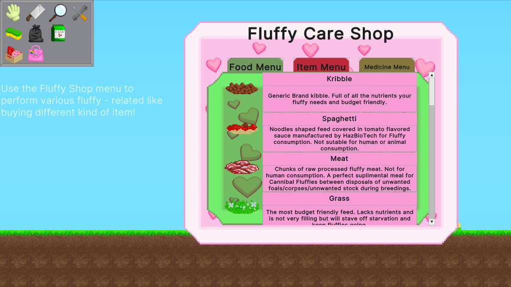 The user interface toolkit showcases the shop menu with a variety of items for the fluffies.