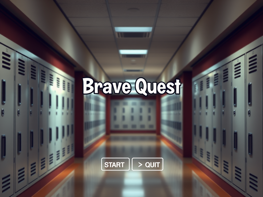 A title screen for brave quest which contains start and quit user interface and the background of the hallway school