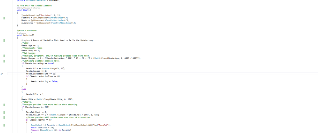 Classic Farm Pet AI scripting that continuously loops through the decision function, triggered repeatedly by the invoke repeating function.
