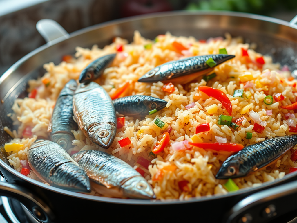 The recipe for fried rice with Indian mackerel fish that includes various ingredients.