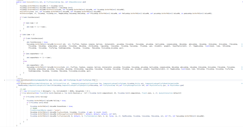 The New Casual Fluffy Farm system uses ECS scripting that continuously updates within the job system, executing functions so the fluffy can make decisions based on its current variables.