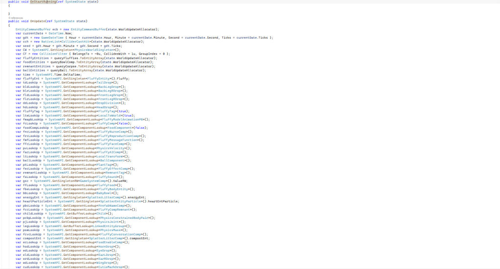 The New Casual Fluffy Farm ECS script runs on the main thread’s system update, repeatedly calling specific APIs to retrieve other components for an entity, which are then used in a job system.