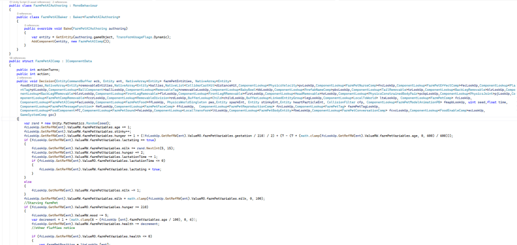 New Farm Pet AI ECS scripting that continually loops through the decision function, which is being called from the system update within their component system.