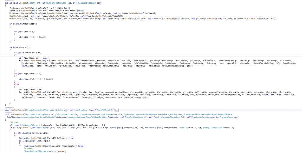 The New Farm Pet system uses ECS scripting that continuously updates within the job system, executing functions so the farm pet can make decisions based on its current variables.