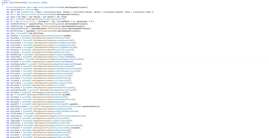 The New Farm Pet System ECS script runs on the main thread’s system update, repeatedly calling specific APIs to retrieve other components for an entity, which are then used in a job system.