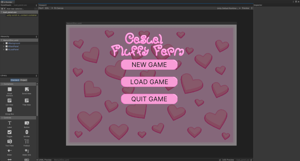 The UI toolkit’s main menu offers several options, including starting a new game, loading a previous one, or quitting the game.