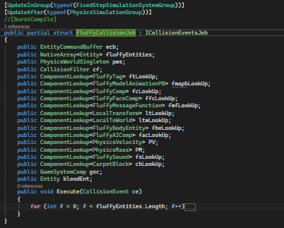 Code snippet showing a C# struct definition for FluffyCollisionJob that implements the ICollisionEventsJob interface. It includes members for entity command buffer, various component lookups, and an execute method for handling collision events.