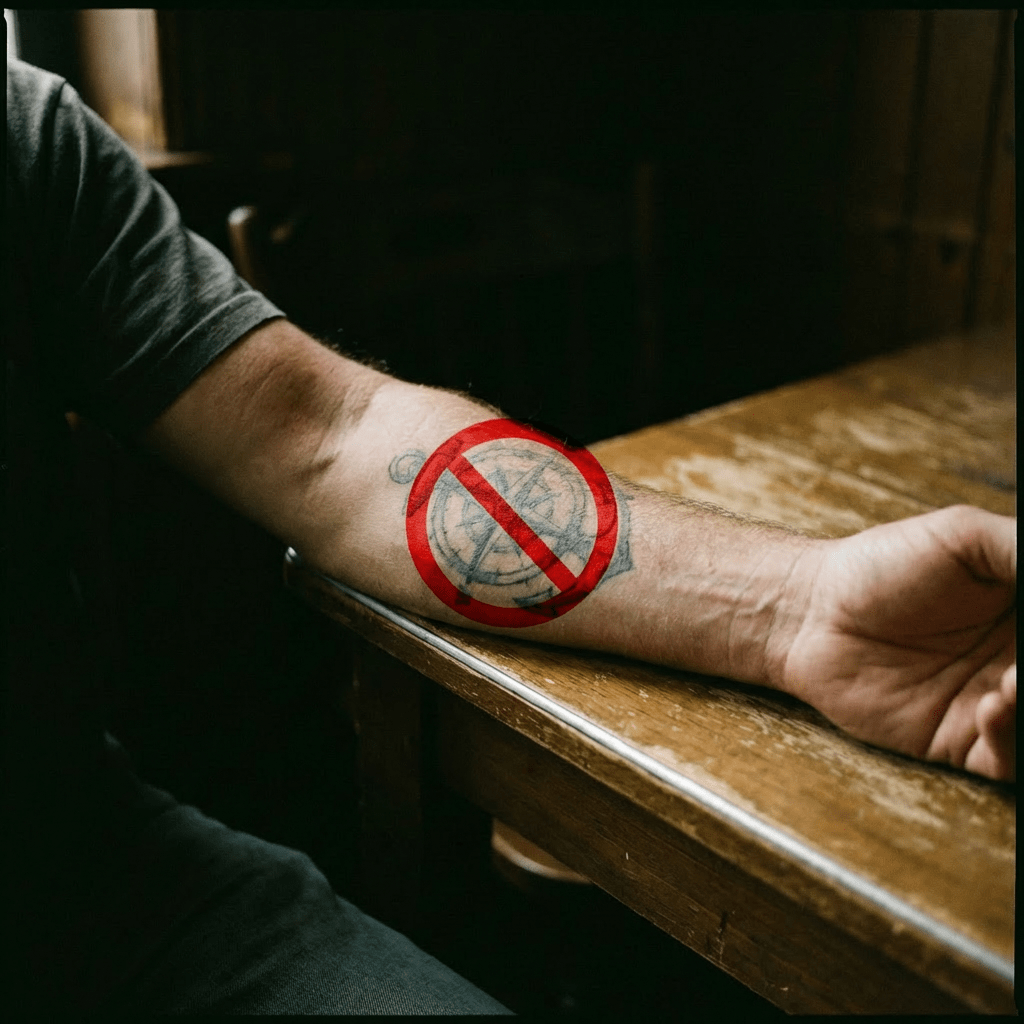 Arm with a nautical tattoo of a compass and anchor resting on a wooden table.