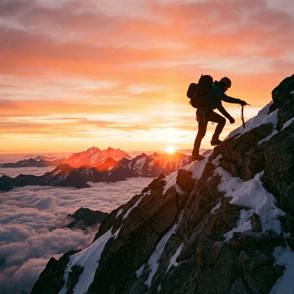 Mountaineer climbing a steep, snowy mountain ridge above a layer of clouds at sunset.