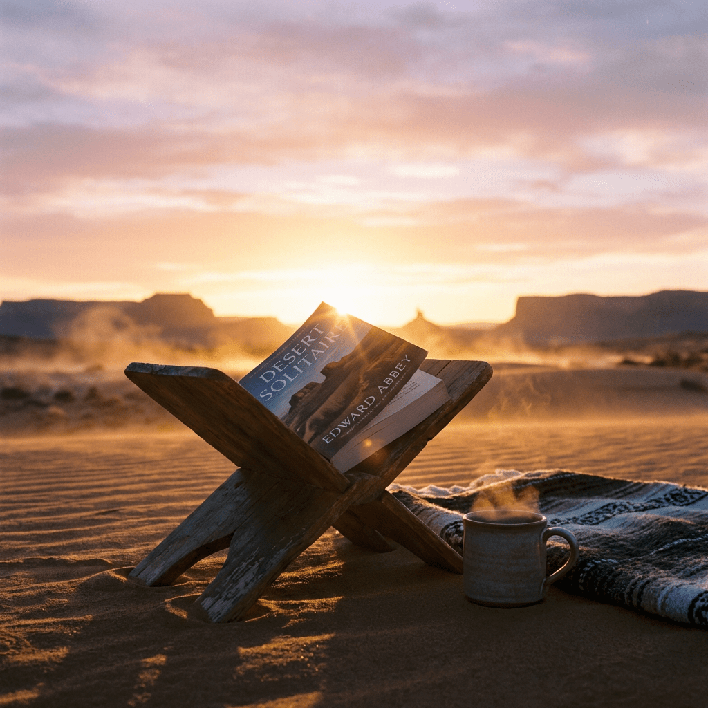 Book Desert Solitaire by Edward Abbey on a wooden stand in a desert at sunrise.