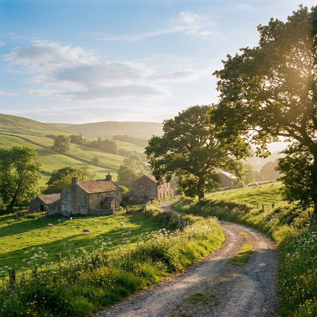 Winding dirt path leading past stone farmhouses and grazing sheep in a lush green valley.
