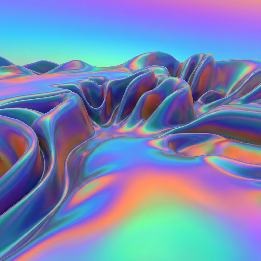 Abstract landscape with wavy, iridescent surfaces in a spectrum of vibrant, metallic colors.