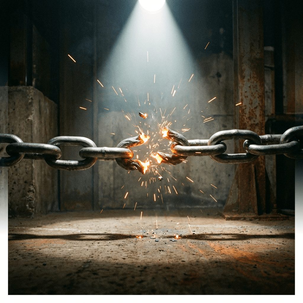 A thick metal chain snapping in half with bright orange sparks in a dark industrial space.