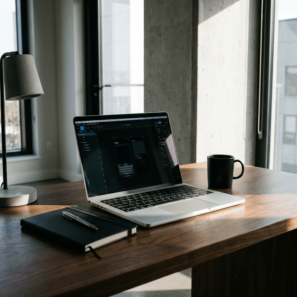 Laptop, notebook, and black mug on a wooden desk in a bright modern office.