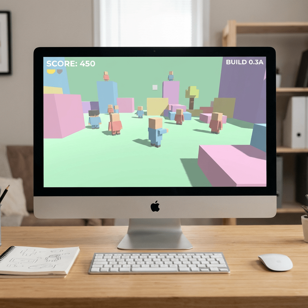 Computer monitor showing SCORE: 450 and BUILD 0.3A in a voxel game.