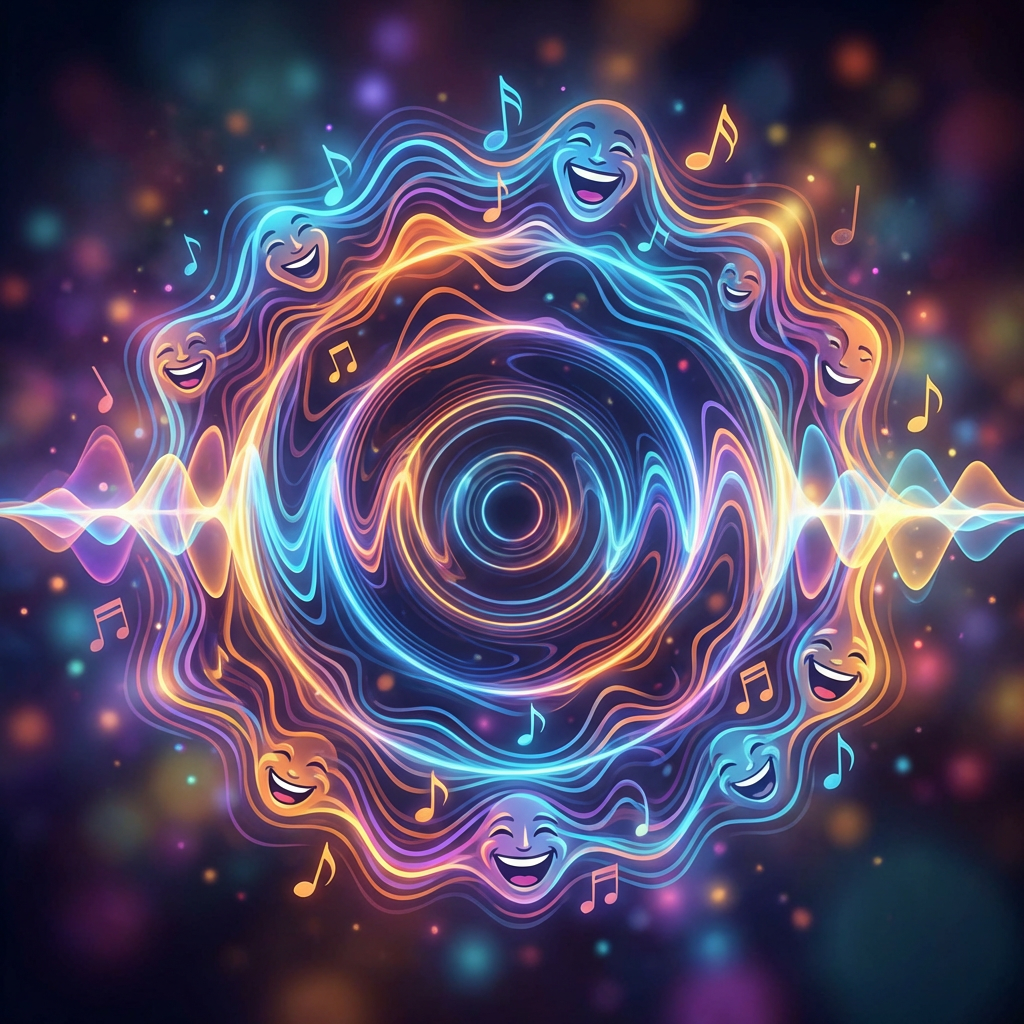 Vibrant circular sound waves with smiling faces and musical notes on a dark bokeh background.
