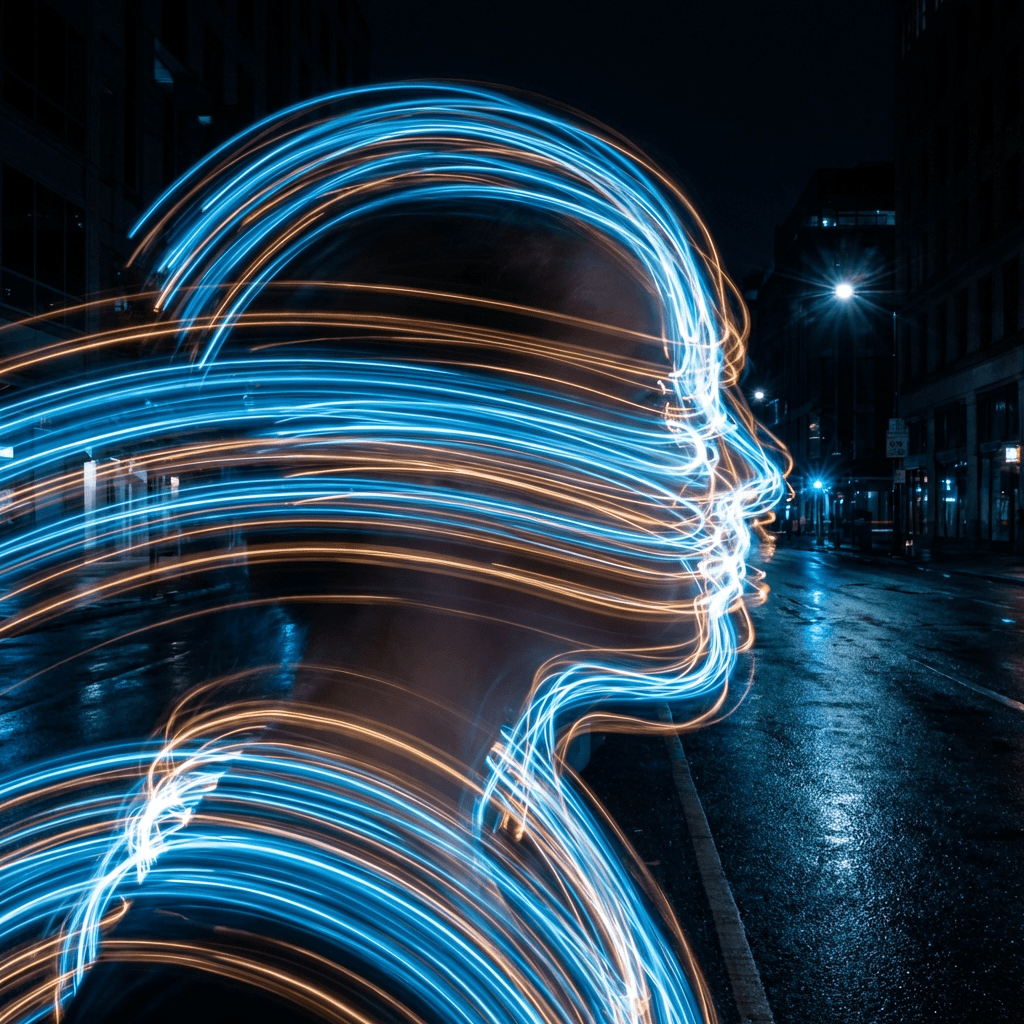Blue and gold light trails forming a human silhouette on a dark city street.