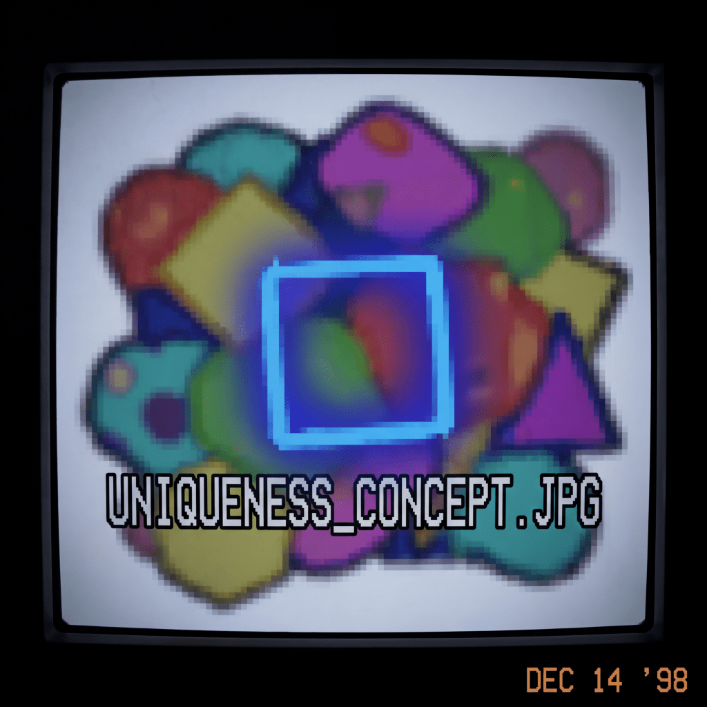 A blurry cluster of colorful shapes on a CRT monitor with text UNIQUENESS_CONCEPT.JPG and date DEC 14 '98.
