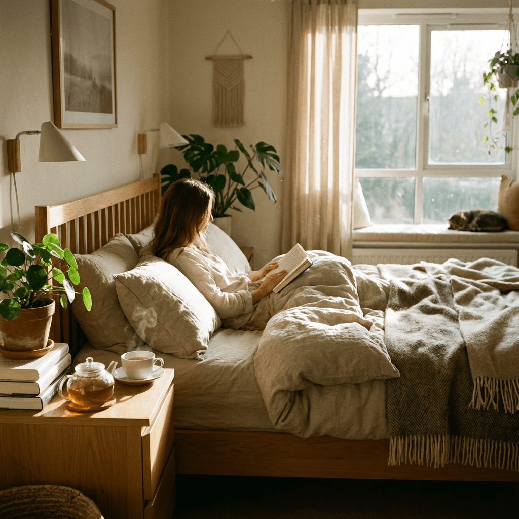 A woman reading a book in a cozy bed with warm sunlight and house plants.