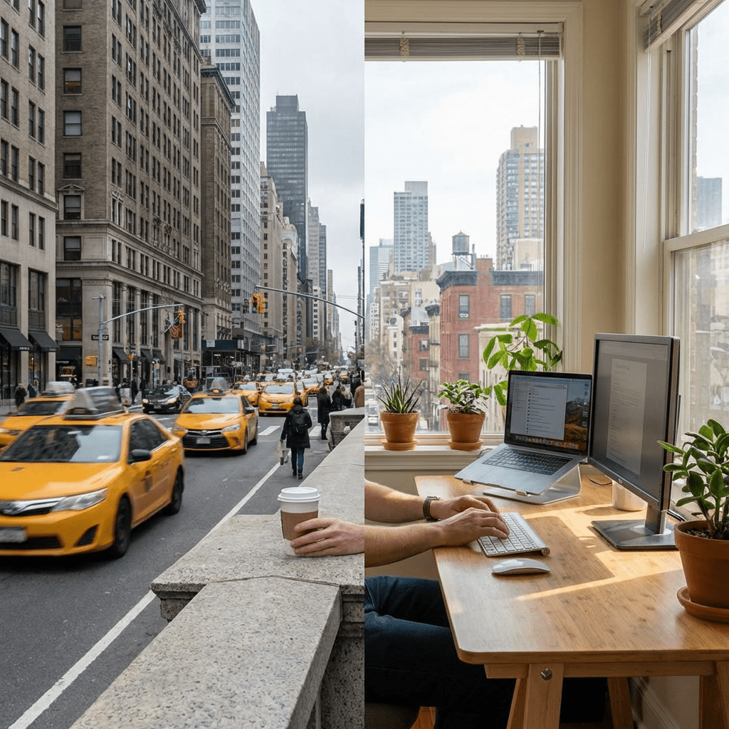 Split-screen image contrasting a bustling New York street with a serene home office workspace.
