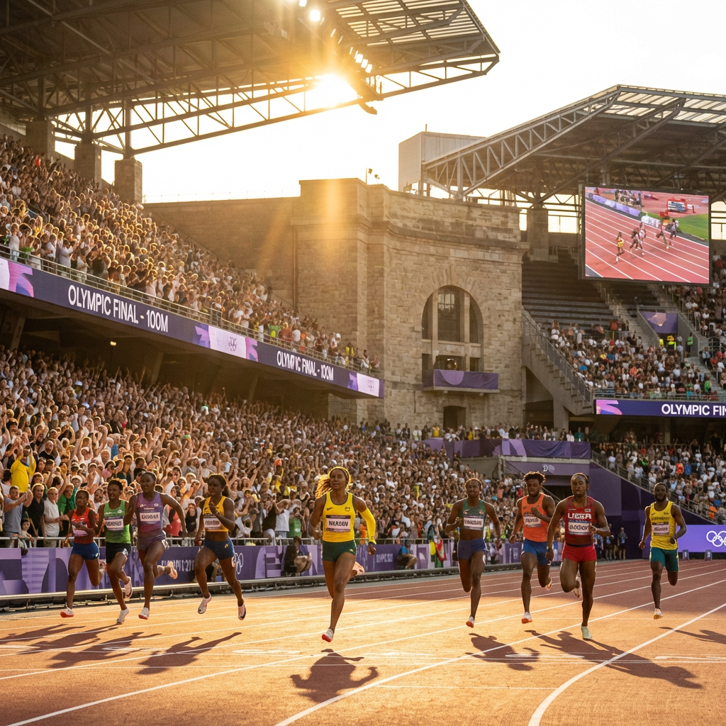 Sprinters compete in the Olympic 100m final before a cheering crowd at sunset.