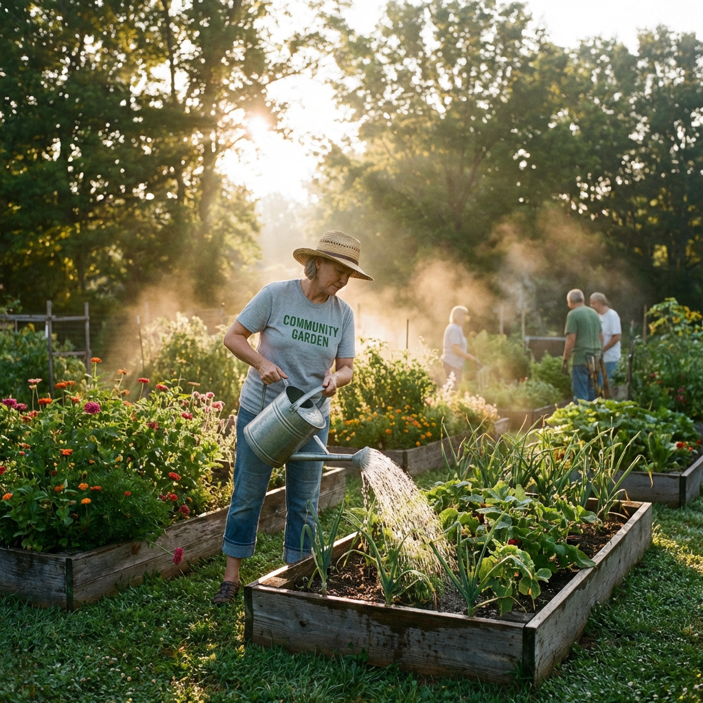 Woman in a community garden shirt watering vegetables in a wooden raised bed.
