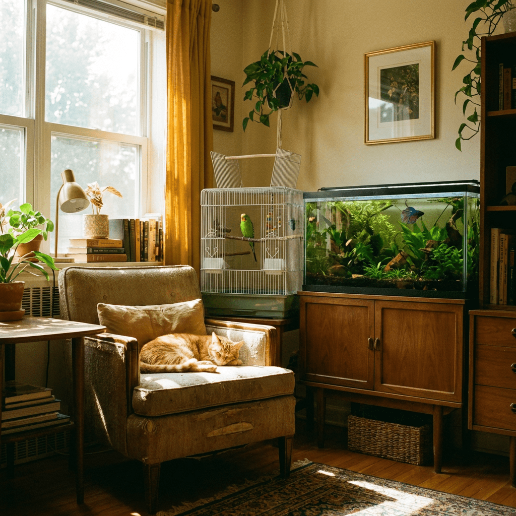 Sunlit living room featuring a cat sleeping in an armchair beside a birdcage and aquarium.