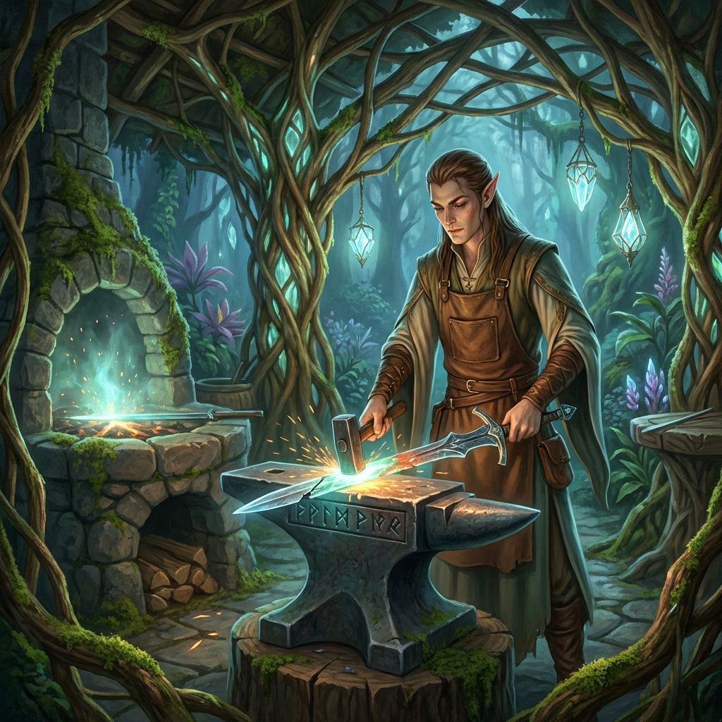 An elf blacksmith strikes a glowing sword on an anvil in a forest forge.