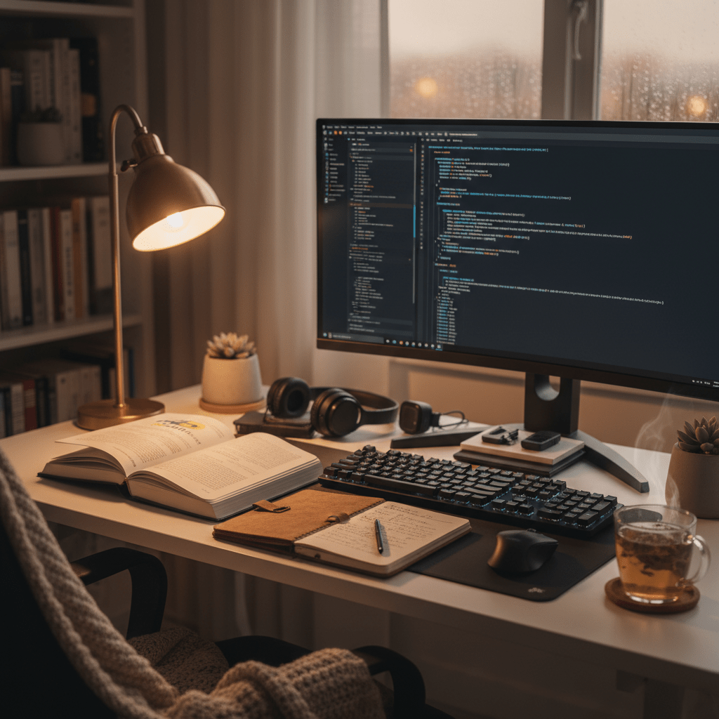 Desk with widescreen monitor displaying code, keyboard, notebook, lamp, and cup of tea