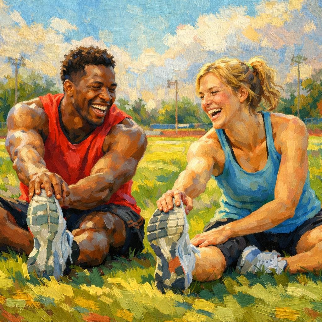 Man and woman sitting on grass stretching legs and smiling