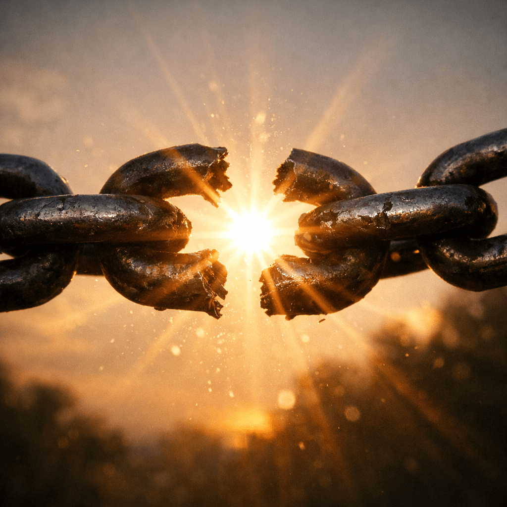 Rusty metal chain breaking with bright sunlight shining through the gap