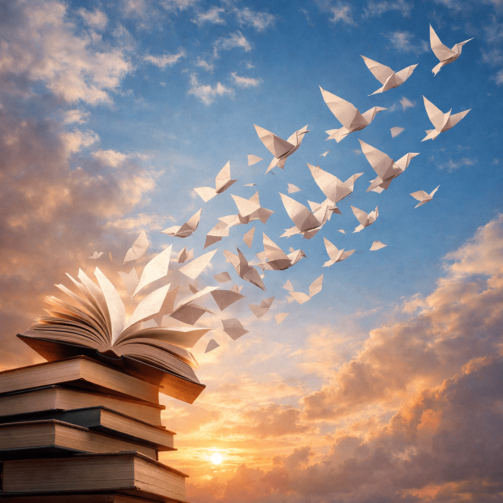 Open book pages turning into origami birds flying into the sky