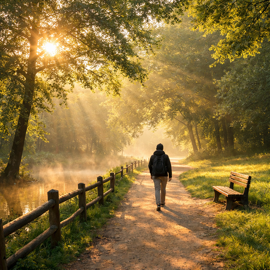Person walking on dirt path beside stream under sunlight filtering through trees