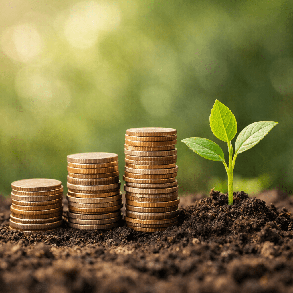 Three stacks of coins with increasing height next to a green plant sprouting from soil