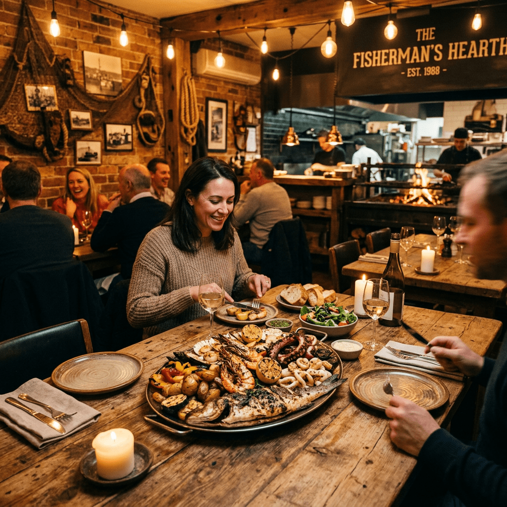 Couple dining on a large seafood platter in a cozy rustic restaurant