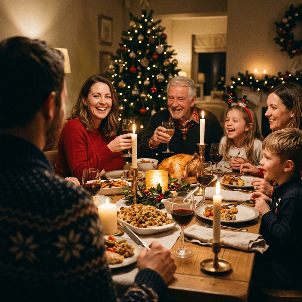 Family gathered around a dining table with Christmas tree and festive decorations