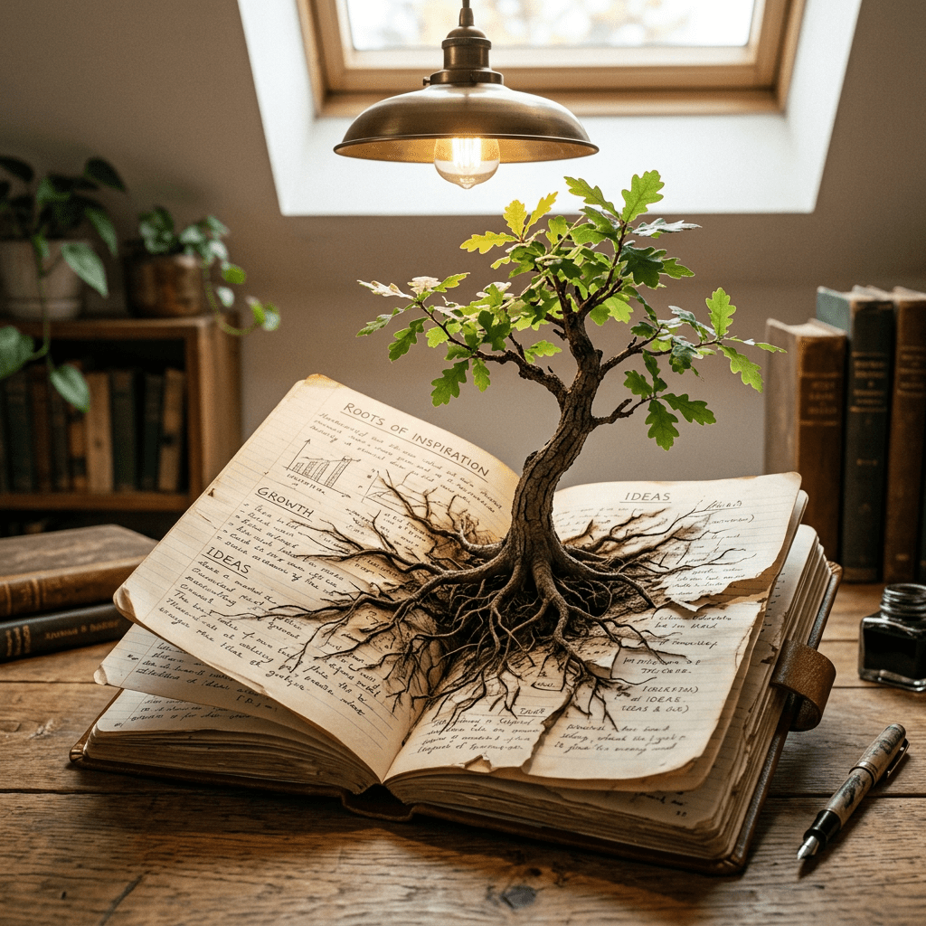 A small tree with roots growing out of an open notebook with notes on growth and ideas