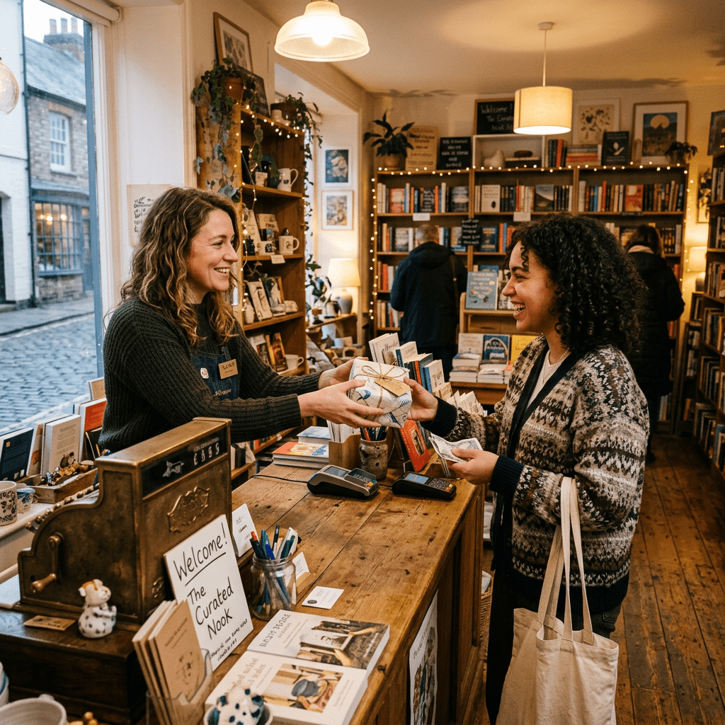 Customer handing money to shop assistant who is giving a wrapped book at bookstore counter