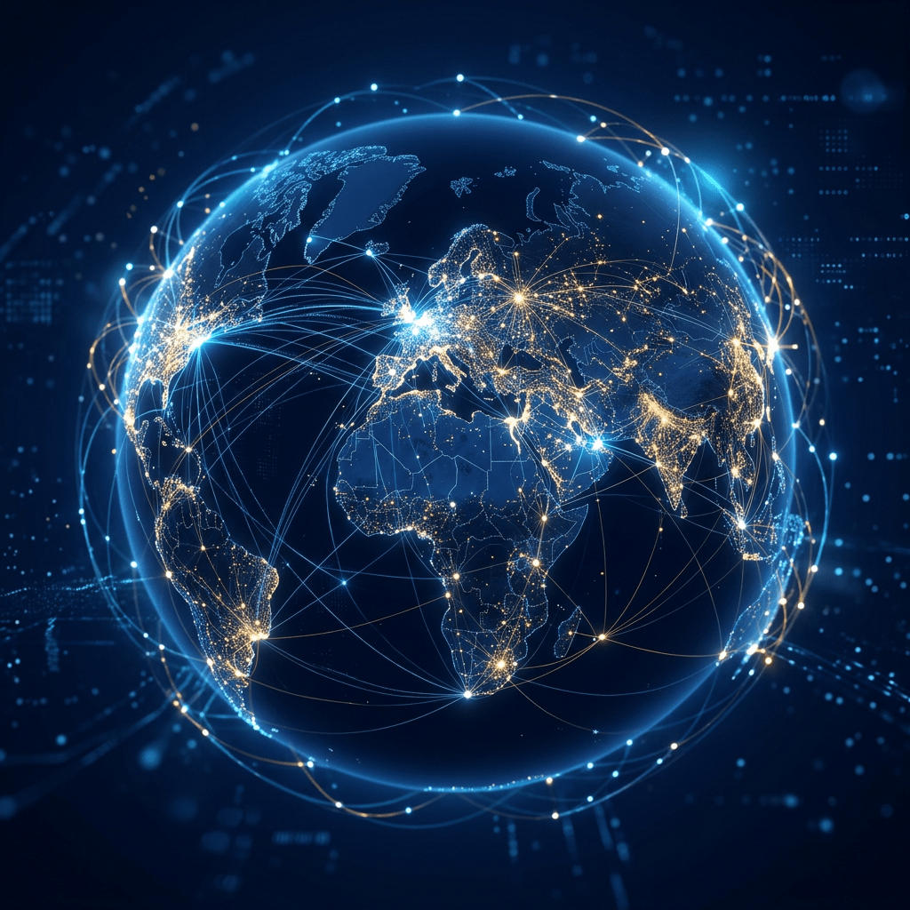 Glowing digital network lines connecting cities globally on a dark blue Earth map