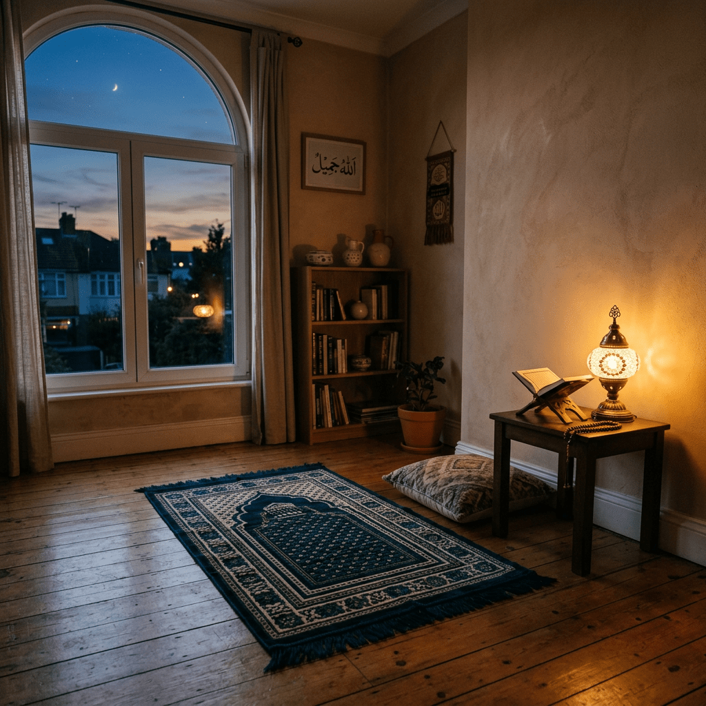 Prayer rug, Quran on wooden stand, glowing lamp, pillow on wooden floor in cozy room