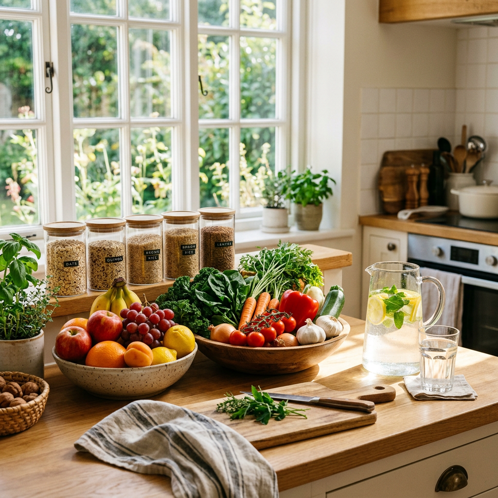 Fresh fruits and vegetables arranged on a kitchen counter with labeled jars of grains and a pitcher of lemon water